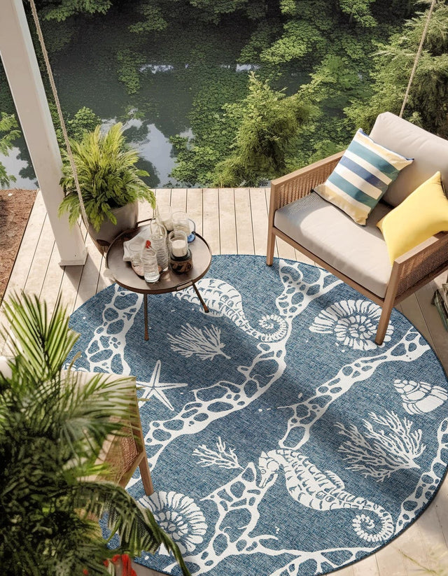 Navy Blue 7' 10 x 7' 10 Outdoor Coastal Round Area Rug Weather Resistant for Patio, Deck, Terrace, Balcony, Porch 100% Polypropylene Coastal Decor Carpet for Sale at Rug Engine