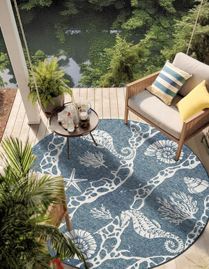 Navy Blue 6' 1 x 6' 1 Outdoor Coastal Round Area Rug Weather Resistant for Patio, Deck, Terrace, Balcony, Porch 100% Polypropylene Coastal Decor Carpet for Sale at Rug Engine