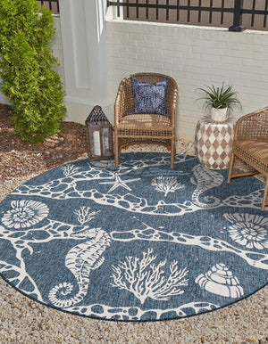 Navy Blue 7' 10 x 7' 10 Outdoor Coastal Round Area Rug Weather Resistant for Patio, Deck, Terrace, Balcony, Porch 100% Polypropylene Coastal Decor Carpet for Sale at Rug Engine