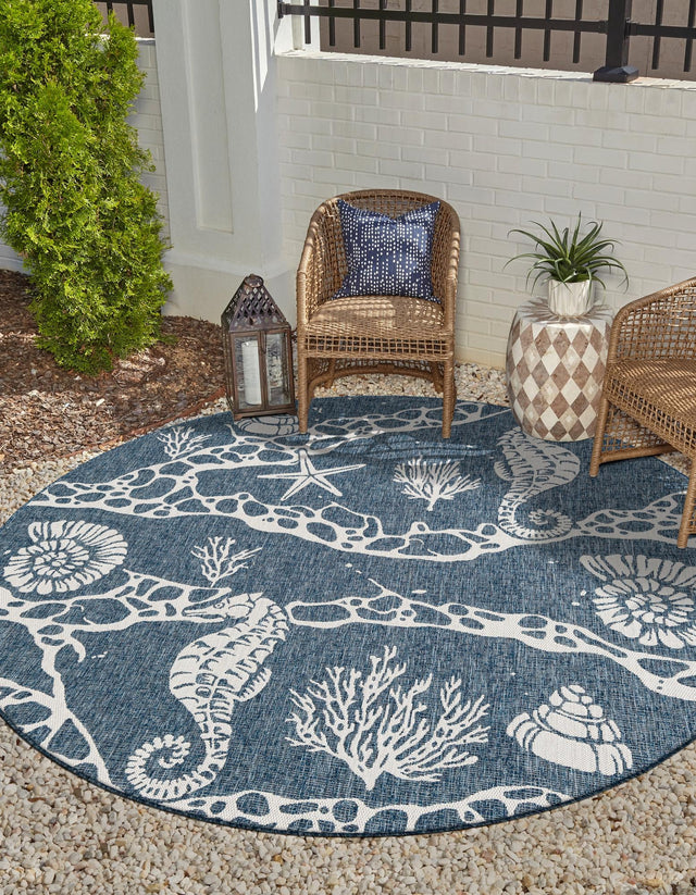 Navy Blue 10' x 10' Outdoor Coastal Round Area Rug Weather Resistant for Patio, Deck, Terrace, Balcony, Porch 100% Polypropylene Coastal Decor Carpet for Sale at Rug Engine