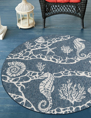 Navy Blue 12' x 12' Outdoor Coastal Round Area Rug Weather Resistant for Patio, Deck, Terrace, Balcony, Porch 100% Polypropylene Coastal Decor Carpet for Sale at Rug Engine