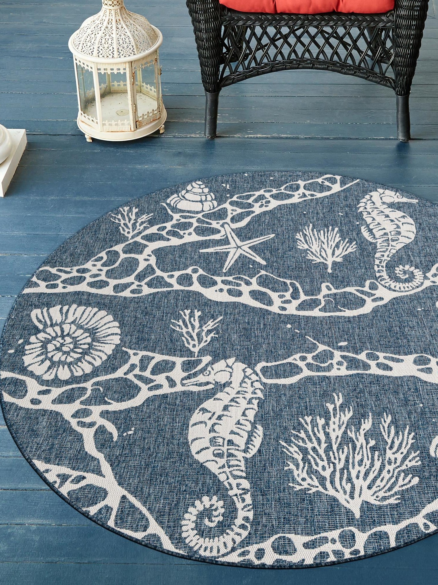 Navy Blue 10' x 10' Outdoor Coastal Round Area Rug Weather Resistant for Patio, Deck, Terrace, Balcony, Porch 100% Polypropylene Coastal Decor Carpet for Sale at Rug Engine