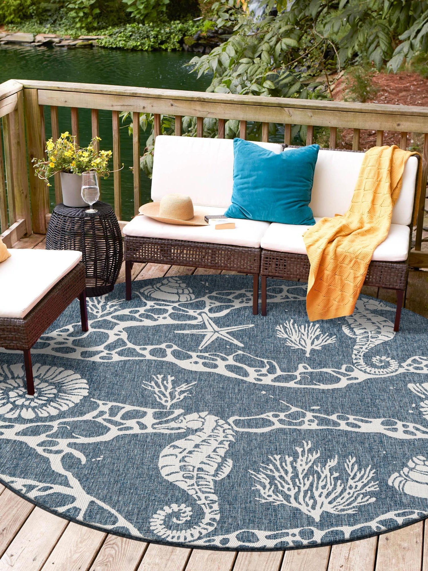Navy Blue 6' 1 x 6' 1 Outdoor Coastal Round Area Rug Weather Resistant for Patio, Deck, Terrace, Balcony, Porch 100% Polypropylene Coastal Decor Carpet for Sale at Rug Engine