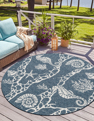 Navy Blue 12' x 12' Outdoor Coastal Round Area Rug Weather Resistant for Patio, Deck, Terrace, Balcony, Porch 100% Polypropylene Coastal Decor Carpet for Sale at Rug Engine