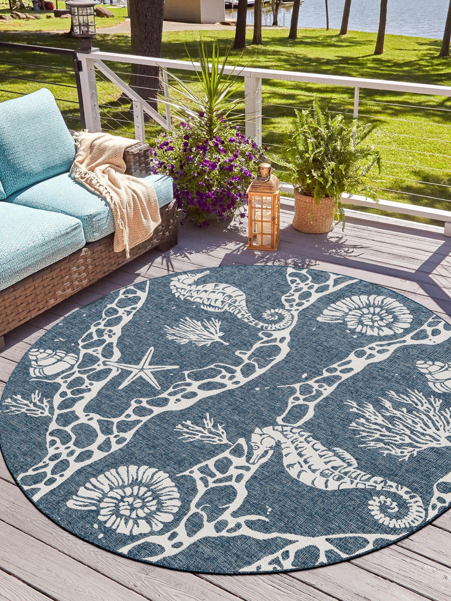 Navy Blue 10' x 10' Outdoor Coastal Round Area Rug Weather Resistant for Patio, Deck, Terrace, Balcony, Porch 100% Polypropylene Coastal Decor Carpet for Sale at Rug Engine