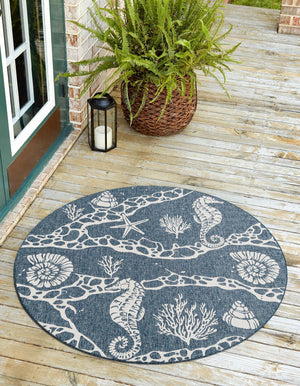 Navy Blue 6' 1 x 6' 1 Outdoor Coastal Round Area Rug Weather Resistant for Patio, Deck, Terrace, Balcony, Porch 100% Polypropylene Coastal Decor Carpet for Sale at Rug Engine