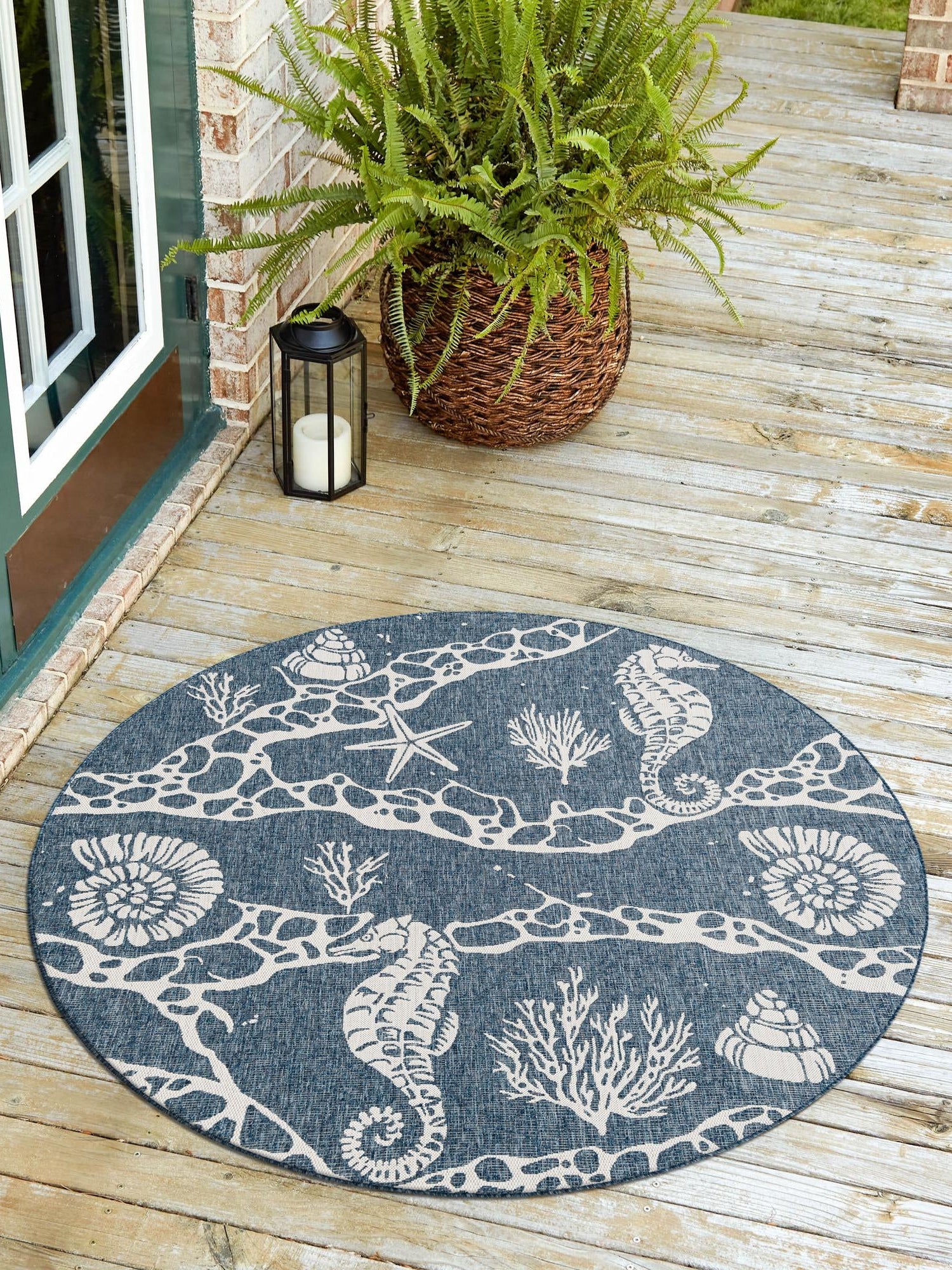 Navy Blue 3' 1 x 3' 1 Outdoor Coastal Round Area Rug Weather Resistant for Patio, Deck, Terrace, Balcony, Porch 100% Polypropylene Coastal Decor Carpet for Sale at Rug Engine
