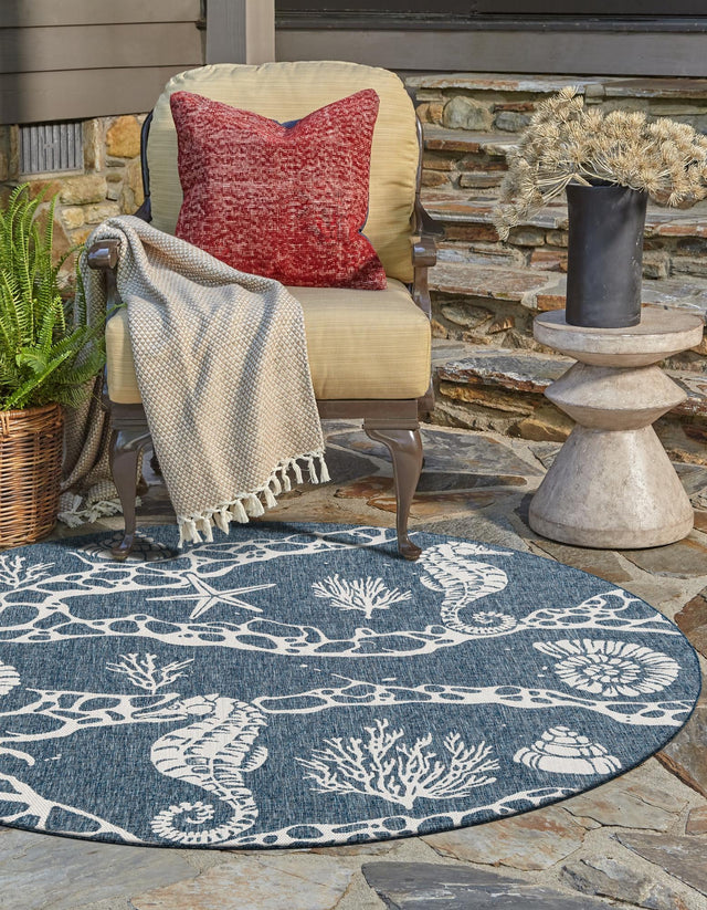 Navy Blue 6' 1 x 6' 1 Outdoor Coastal Round Area Rug Weather Resistant for Patio, Deck, Terrace, Balcony, Porch 100% Polypropylene Coastal Decor Carpet for Sale at Rug Engine