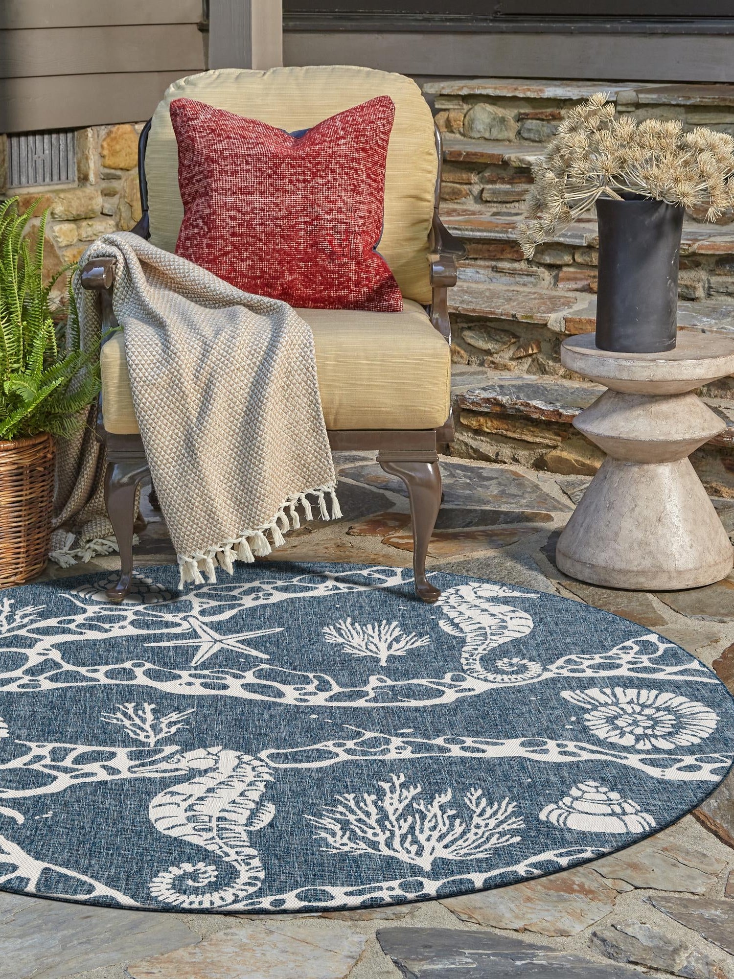 Navy Blue 7' 10 x 7' 10 Outdoor Coastal Round Area Rug Weather Resistant for Patio, Deck, Terrace, Balcony, Porch 100% Polypropylene Coastal Decor Carpet for Sale at Rug Engine