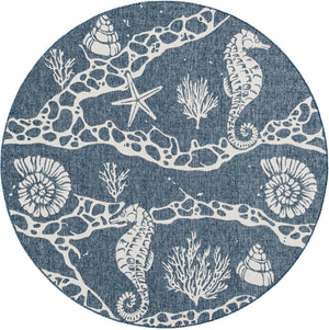 Navy Blue 7' 10 x 7' 10 Outdoor Coastal Round Area Rug Weather Resistant for Patio, Deck, Terrace, Balcony, Porch 100% Polypropylene Coastal Decor Carpet for Sale at Rug Engine