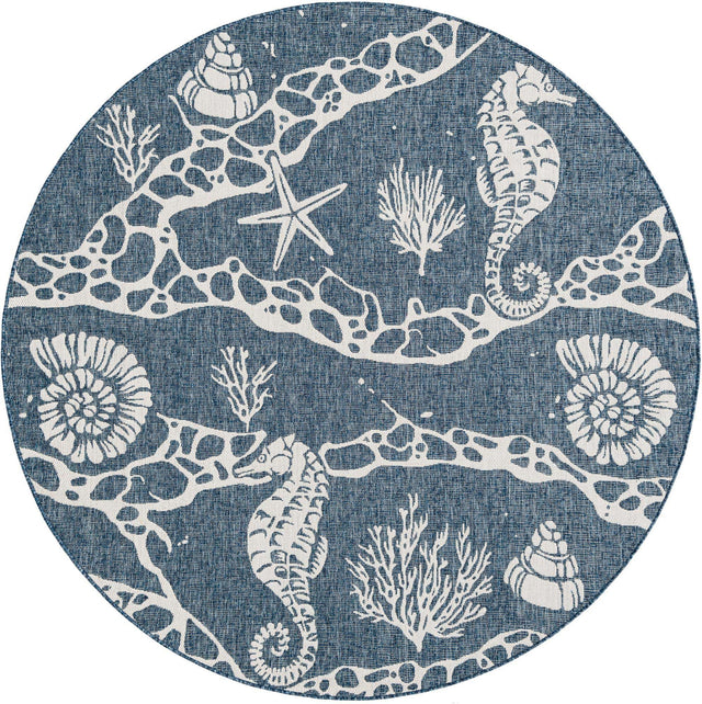 Navy Blue 7' 10 x 7' 10 Outdoor Coastal Round Area Rug Weather Resistant for Patio, Deck, Terrace, Balcony, Porch 100% Polypropylene Coastal Decor Carpet for Sale at Rug Engine