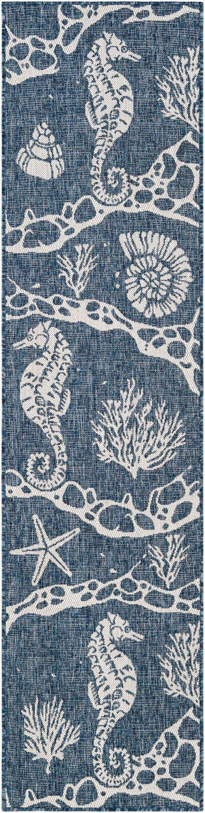 Navy Blue 2' x 8' Outdoor Coastal Runner Area Rug Weather Resistant for Patio, Deck, Terrace, Balcony, Porch 100% Polypropylene Coastal Decor Carpet for Sale at Rug Engine