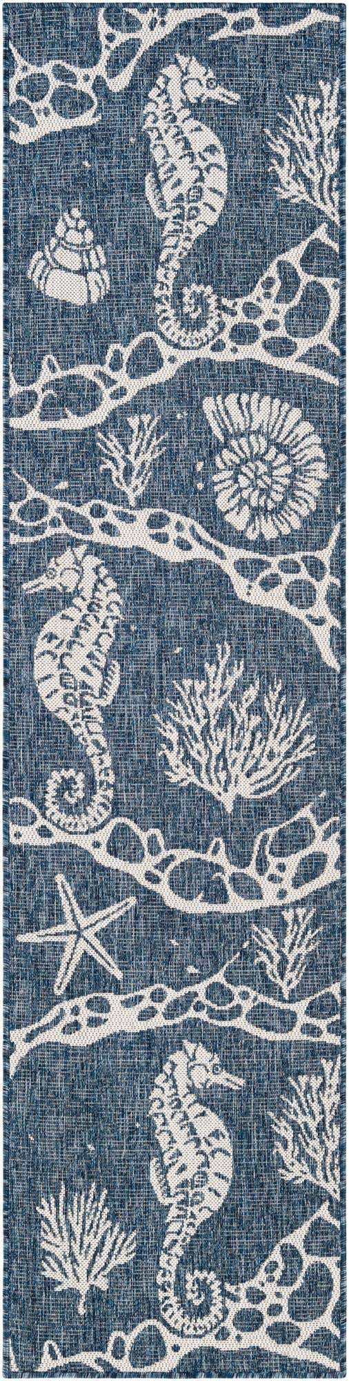 Navy Blue 2' x 8' Outdoor Coastal Runner Area Rug Weather Resistant for Patio, Deck, Terrace, Balcony, Porch 100% Polypropylene Coastal Decor Carpet for Sale at Rug Engine