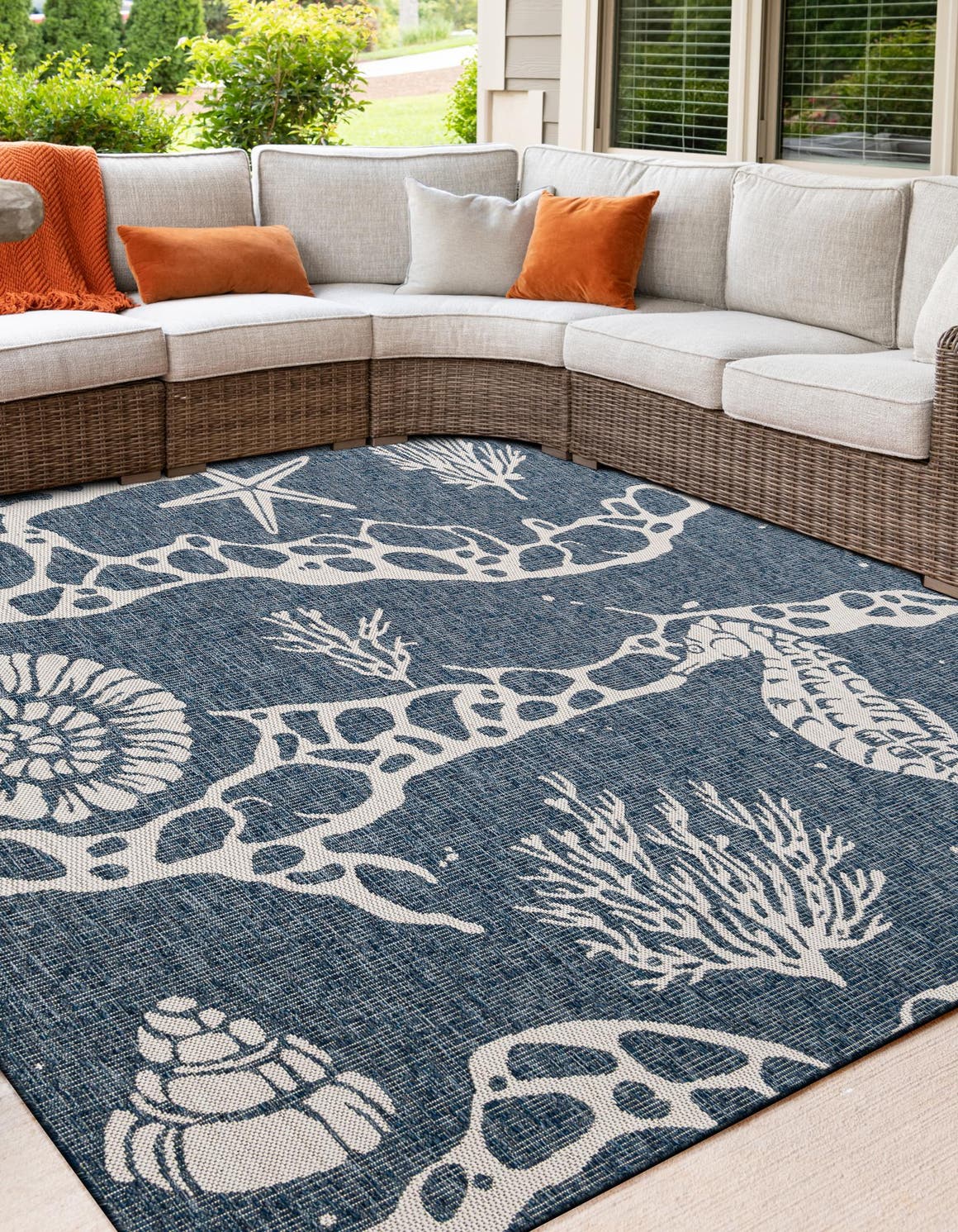 Navy Blue 12' x 12' Outdoor Coastal Square Area Rug Weather Resistant for Patio, Deck, Terrace, Balcony, Porch 100% Polypropylene Coastal Decor Carpet for Sale at Rug Engine