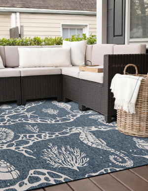 Navy Blue 10' x 10' Outdoor Coastal Square Area Rug Weather Resistant for Patio, Deck, Terrace, Balcony, Porch 100% Polypropylene Coastal Decor Carpet for Sale at Rug Engine