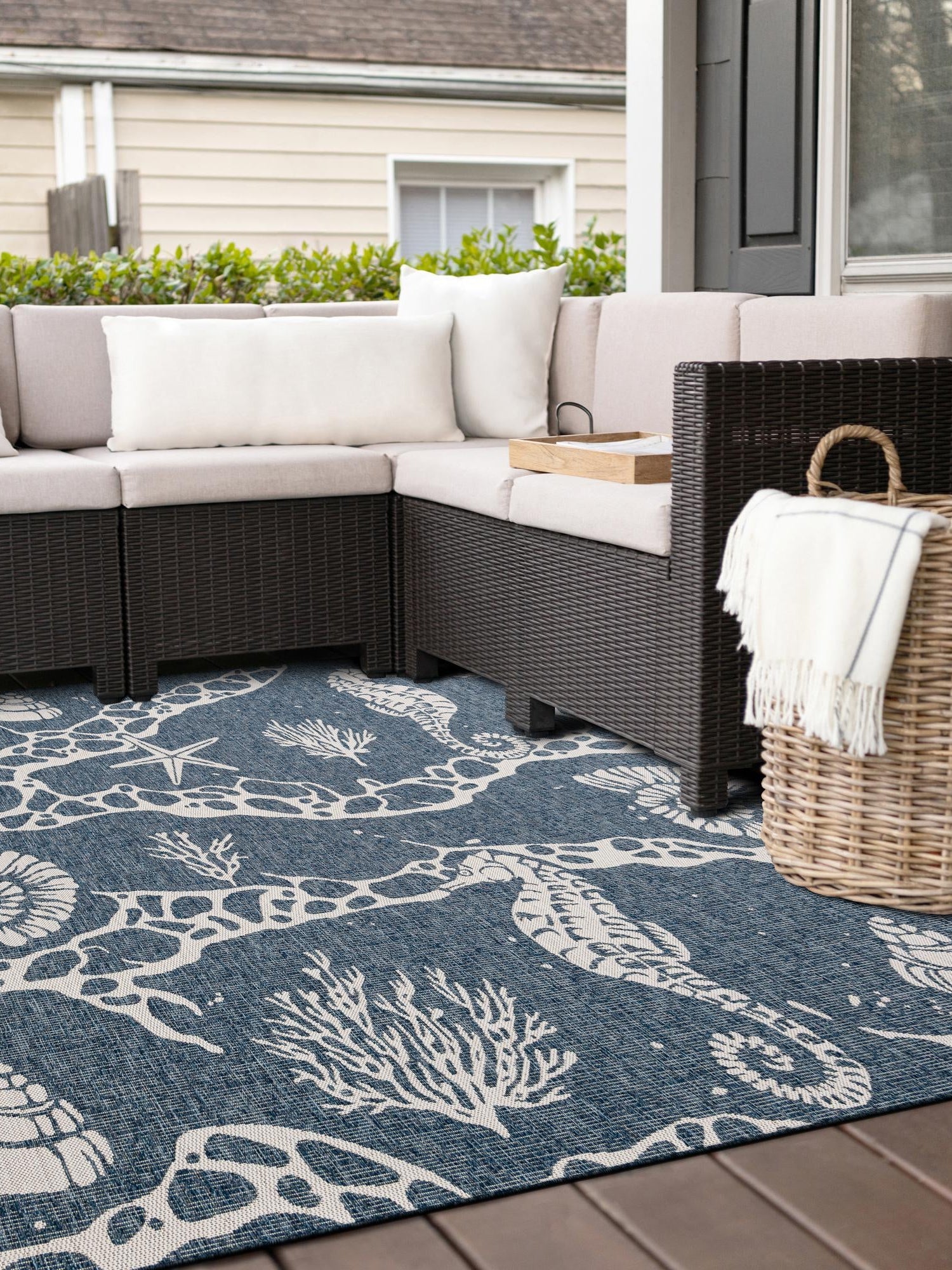 Navy Blue 12' x 12' Outdoor Coastal Square Area Rug Weather Resistant for Patio, Deck, Terrace, Balcony, Porch 100% Polypropylene Coastal Decor Carpet for Sale at Rug Engine