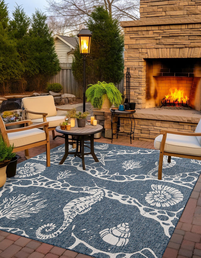 Navy Blue 10' x 10' Outdoor Coastal Square Area Rug Weather Resistant for Patio, Deck, Terrace, Balcony, Porch 100% Polypropylene Coastal Decor Carpet for Sale at Rug Engine