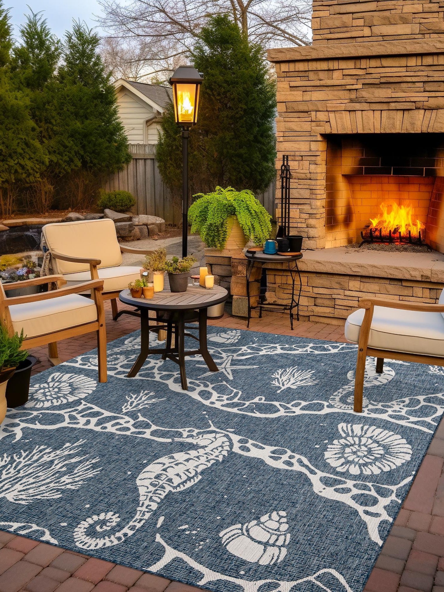 Navy Blue 12' x 12' Outdoor Coastal Square Area Rug Weather Resistant for Patio, Deck, Terrace, Balcony, Porch 100% Polypropylene Coastal Decor Carpet for Sale at Rug Engine