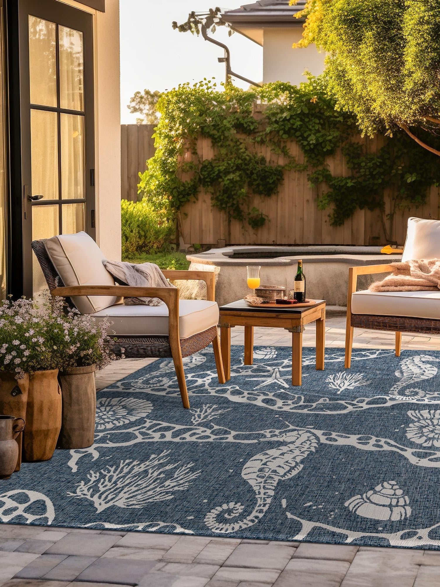Navy Blue 12' x 12' Outdoor Coastal Square Area Rug Weather Resistant for Patio, Deck, Terrace, Balcony, Porch 100% Polypropylene Coastal Decor Carpet for Sale at Rug Engine
