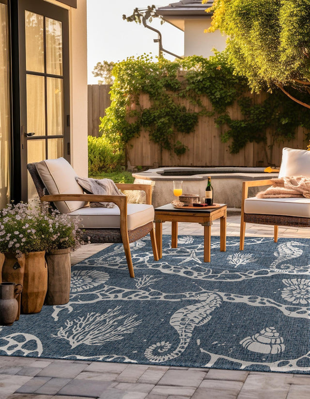 Navy Blue 12' x 12' Outdoor Coastal Square Area Rug Weather Resistant for Patio, Deck, Terrace, Balcony, Porch 100% Polypropylene Coastal Decor Carpet for Sale at Rug Engine