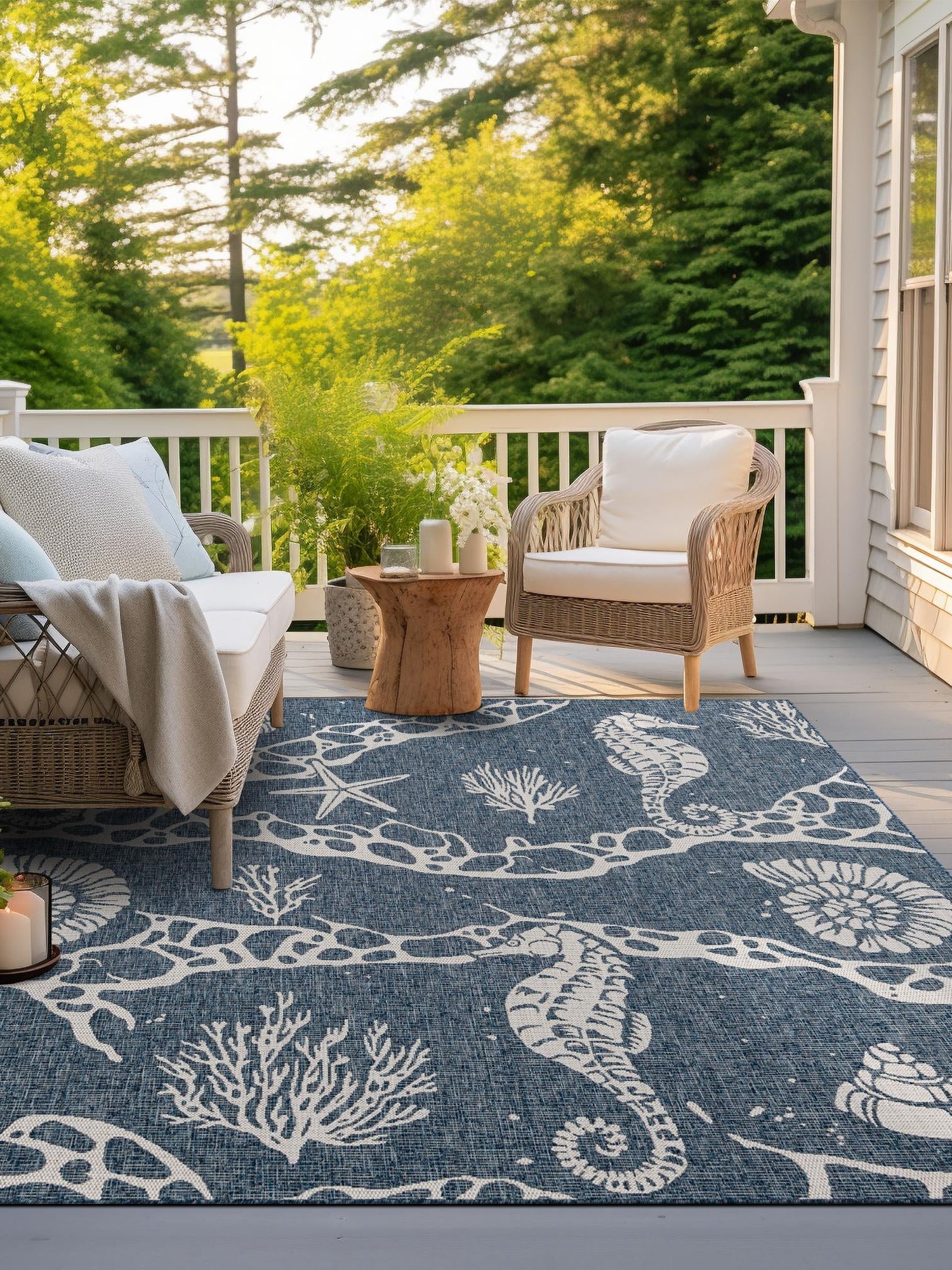 Navy Blue 12' x 12' Outdoor Coastal Square Area Rug Weather Resistant for Patio, Deck, Terrace, Balcony, Porch 100% Polypropylene Coastal Decor Carpet for Sale at Rug Engine