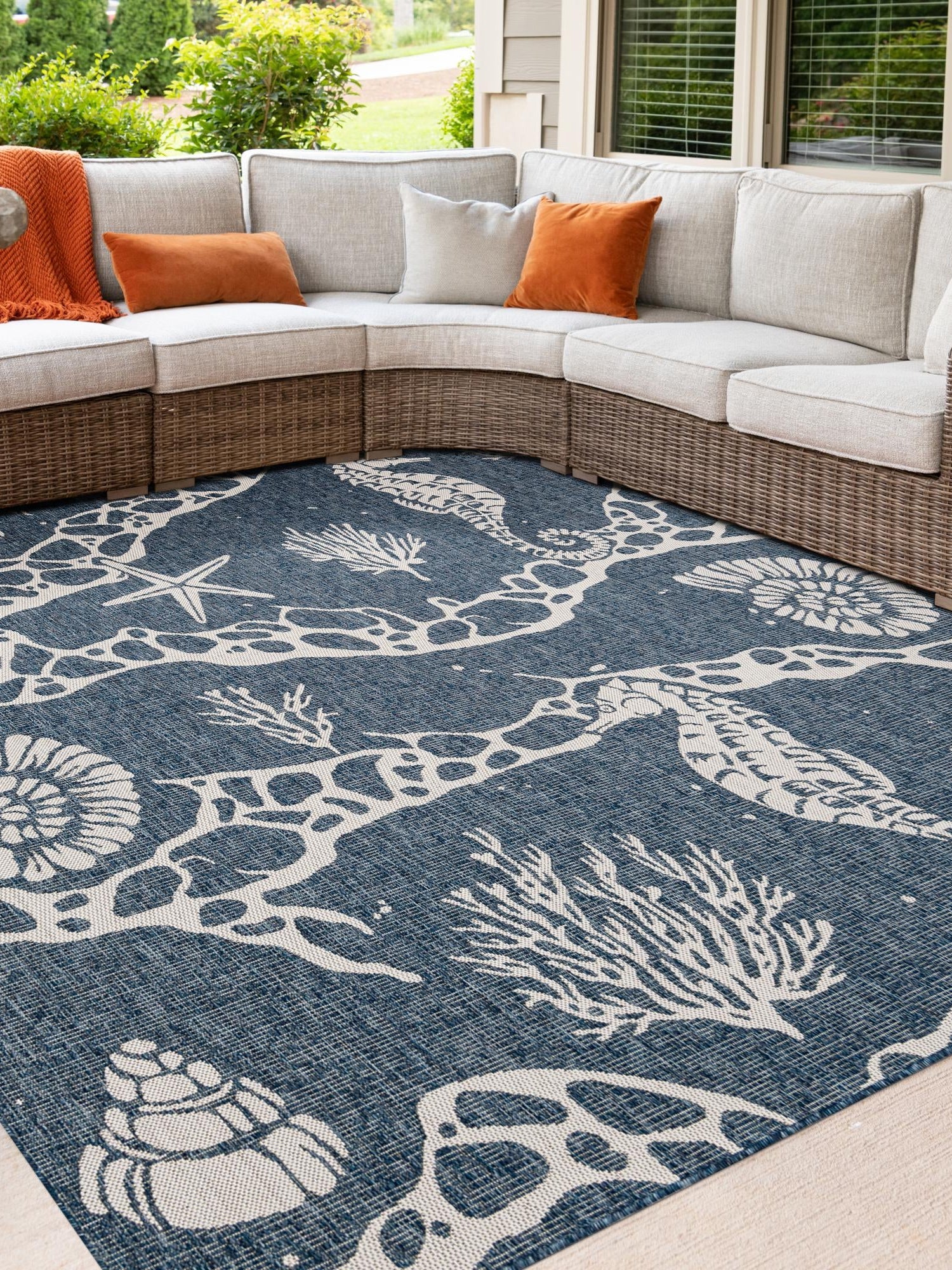 Navy Blue 7' 10 x 7' 10 Outdoor Coastal Square Area Rug Weather Resistant for Patio, Deck, Terrace, Balcony, Porch 100% Polypropylene Coastal Decor Carpet for Sale at Rug Engine