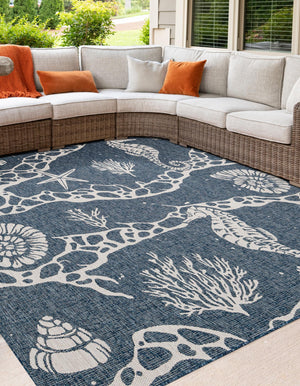 Navy Blue 7' 10 x 7' 10 Outdoor Coastal Square Area Rug Weather Resistant for Patio, Deck, Terrace, Balcony, Porch 100% Polypropylene Coastal Decor Carpet for Sale at Rug Engine