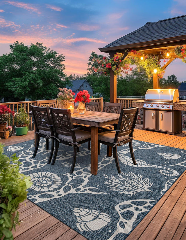 Navy Blue 10' x 10' Outdoor Coastal Square Area Rug Weather Resistant for Patio, Deck, Terrace, Balcony, Porch 100% Polypropylene Coastal Decor Carpet for Sale at Rug Engine