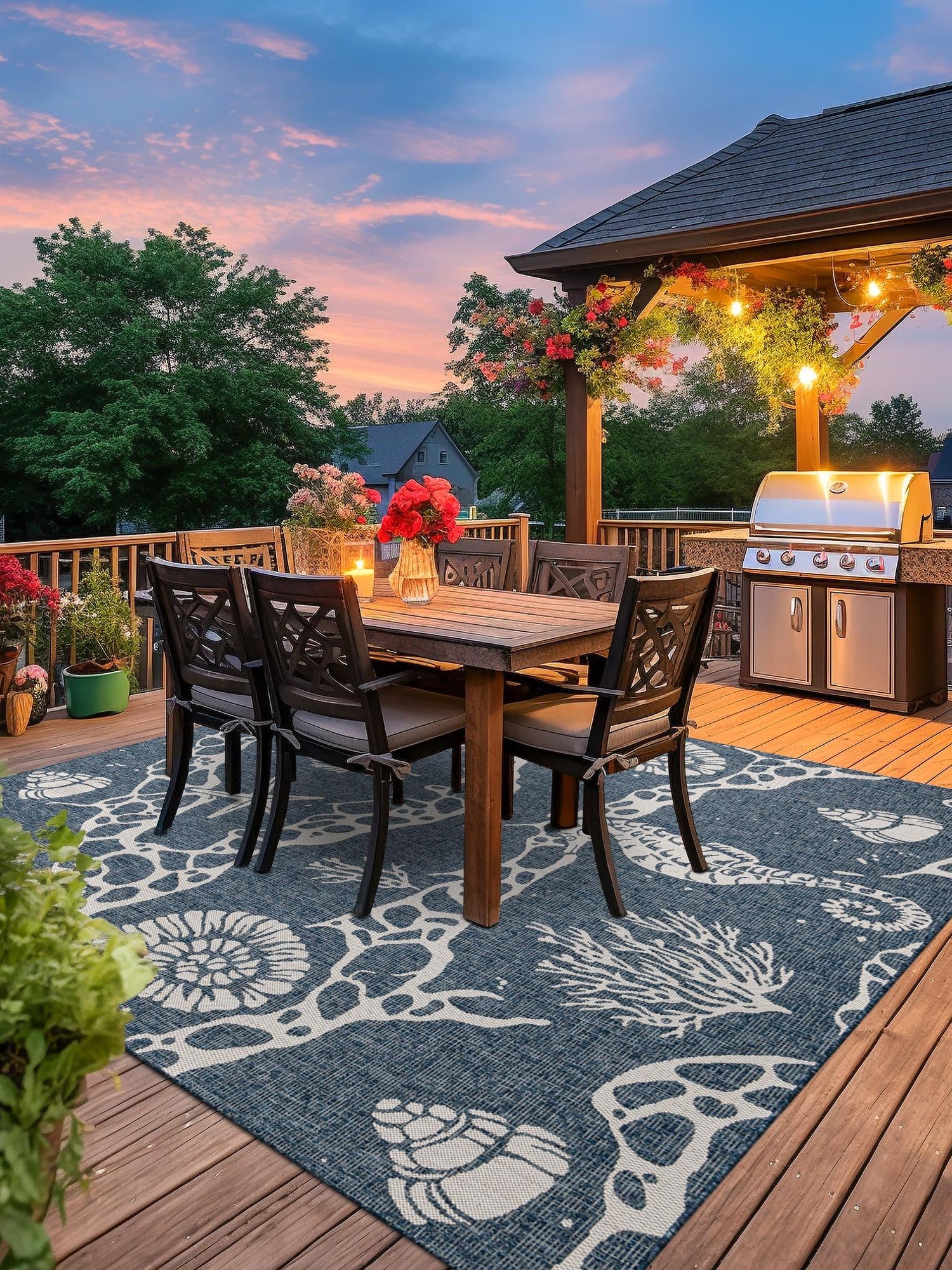 Navy Blue 7' 10 x 7' 10 Outdoor Coastal Square Area Rug Weather Resistant for Patio, Deck, Terrace, Balcony, Porch 100% Polypropylene Coastal Decor Carpet for Sale at Rug Engine