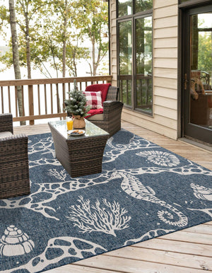 Navy Blue 10' x 10' Outdoor Coastal Square Area Rug Weather Resistant for Patio, Deck, Terrace, Balcony, Porch 100% Polypropylene Coastal Decor Carpet for Sale at Rug Engine