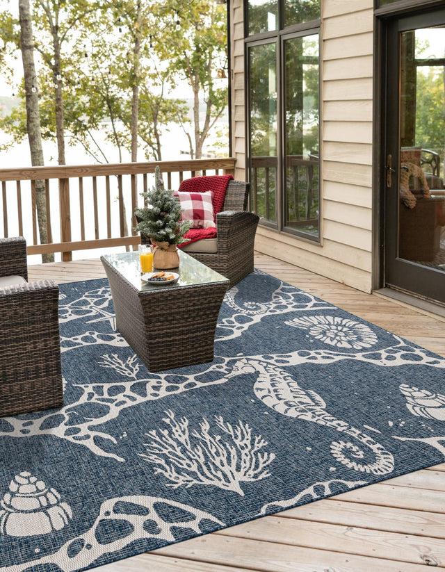 Navy Blue 10' x 10' Outdoor Coastal Square Area Rug Weather Resistant for Patio, Deck, Terrace, Balcony, Porch 100% Polypropylene Coastal Decor Carpet for Sale at Rug Engine