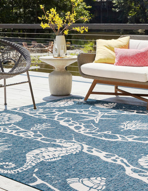 Navy Blue 10' x 10' Outdoor Coastal Square Area Rug Weather Resistant for Patio, Deck, Terrace, Balcony, Porch 100% Polypropylene Coastal Decor Carpet for Sale at Rug Engine