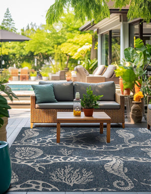 Navy Blue 10' x 10' Outdoor Coastal Square Area Rug Weather Resistant for Patio, Deck, Terrace, Balcony, Porch 100% Polypropylene Coastal Decor Carpet for Sale at Rug Engine