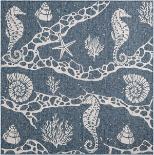 Navy Blue 7' 10 x 7' 10 Outdoor Coastal Square Area Rug Weather Resistant for Patio, Deck, Terrace, Balcony, Porch 100% Polypropylene Coastal Decor Carpet for Sale at Rug Engine