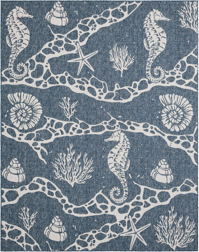 Navy Blue 7' 10 x 10' Outdoor Coastal Rectangle Area Rug Weather Resistant for Patio, Deck, Terrace, Balcony, Porch 100% Polypropylene Coastal Decor Carpet for Sale at Rug Engine