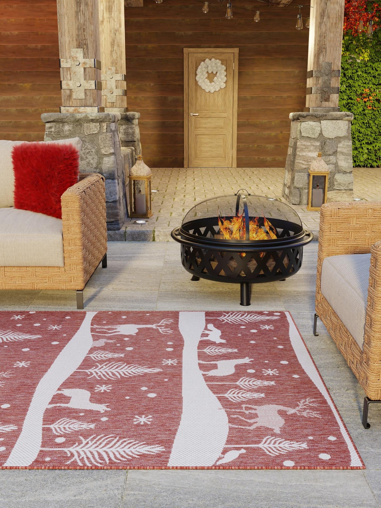 Seasonal Festive Red 9' x 12' Outdoor Holiday Rectangle Area Rug Weather Resistant for Patio, Deck, Terrace, Balcony, Porch Winter Decor Carpet for Sale at Rug Engine