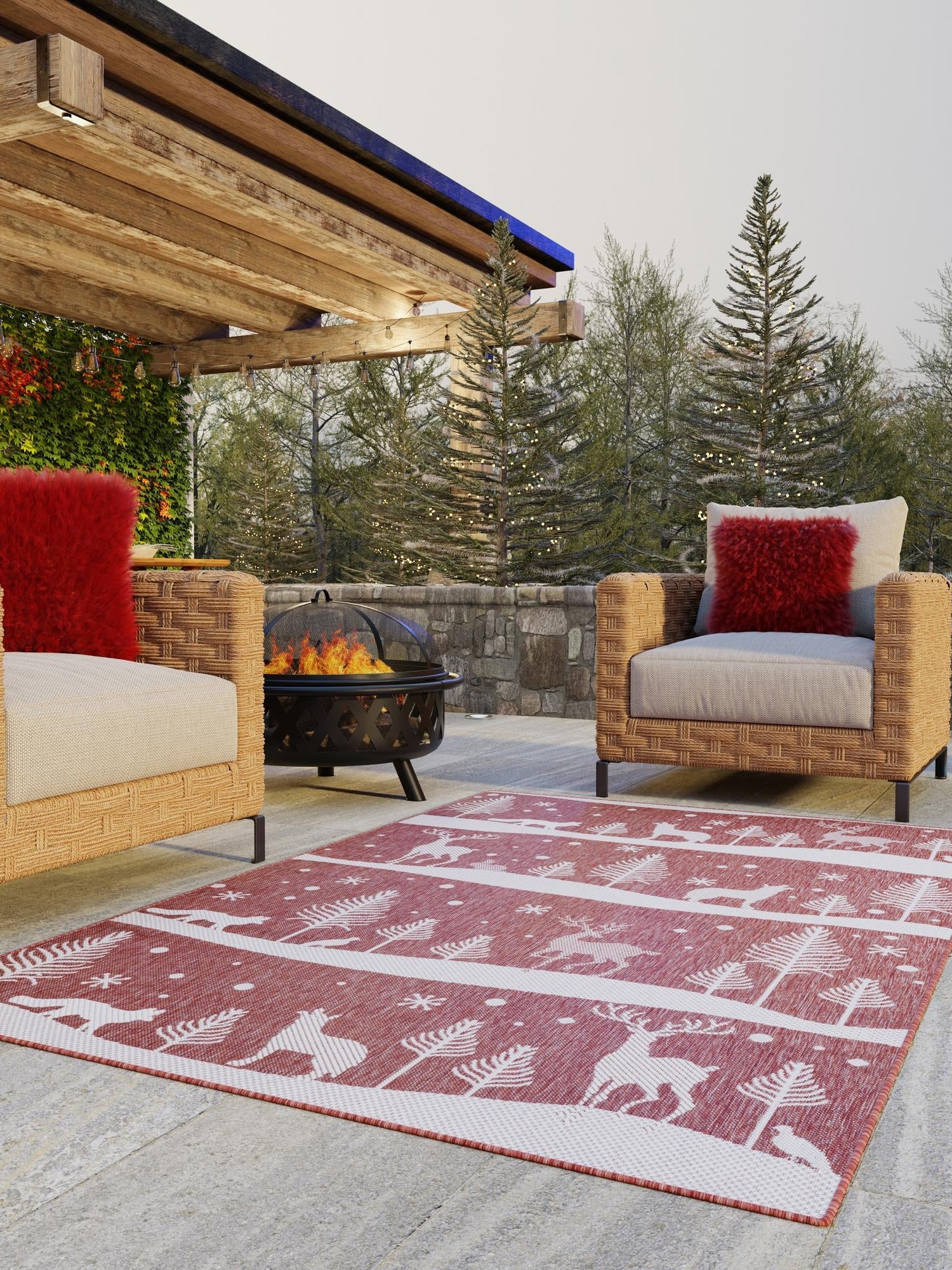 Seasonal Festive Red 9' x 12' Outdoor Holiday Rectangle Area Rug Weather Resistant for Patio, Deck, Terrace, Balcony, Porch Winter Decor Carpet for Sale at Rug Engine