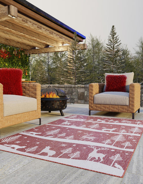 Seasonal Festive Red 4' 1 x 6' 1 Outdoor Holiday Rectangle Area Rug Weather Resistant for Patio, Deck, Terrace, Balcony, Porch Winter Decor Carpet for Sale at Rug Engine
