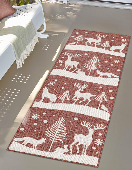 Seasonal Festive Red 2' x 5' 3 Outdoor Holiday Runner Area Rug Weather Resistant for Patio, Deck, Terrace, Balcony, Porch Winter Decor Carpet for Sale at Rug Engine