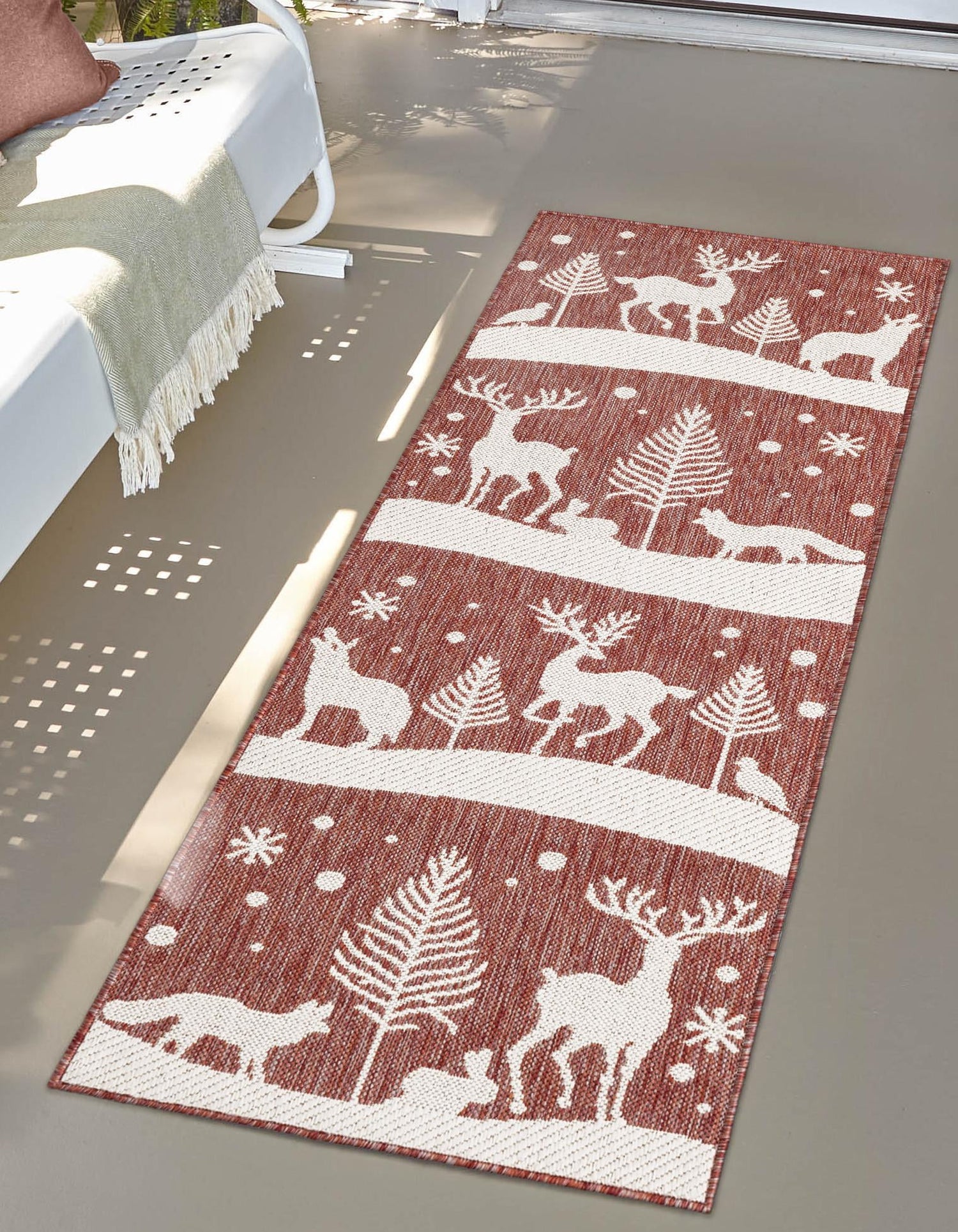 Seasonal Festive Red 2' x 8' Outdoor Holiday Runner Area Rug Weather Resistant for Patio, Deck, Terrace, Balcony, Porch