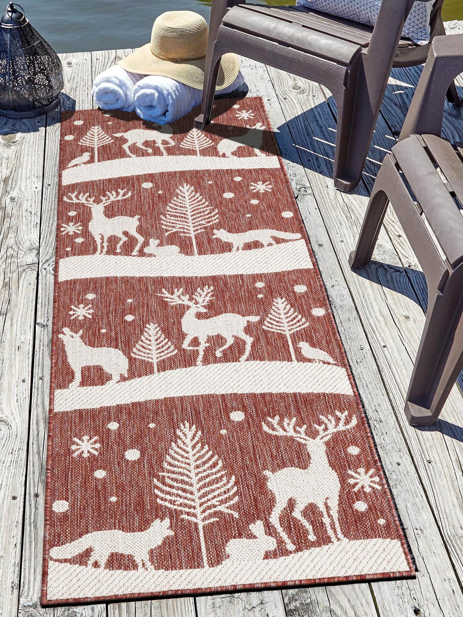 Seasonal Festive Red 2' x 8' Outdoor Holiday Runner Area Rug Weather Resistant for Patio, Deck, Terrace, Balcony, Porch