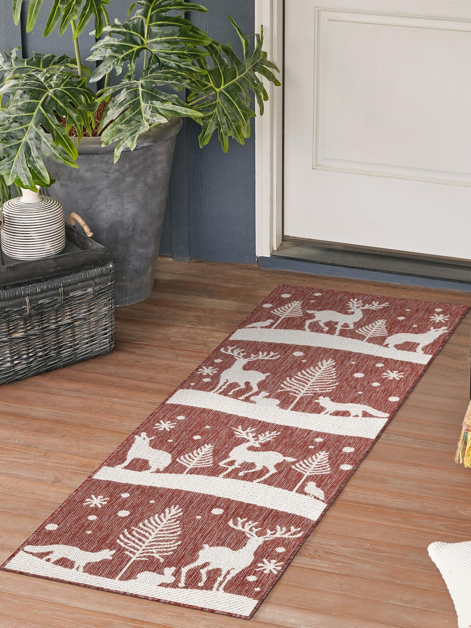 Seasonal Festive Red 2' x 8' Outdoor Holiday Runner Area Rug Weather Resistant for Patio, Deck, Terrace, Balcony, Porch