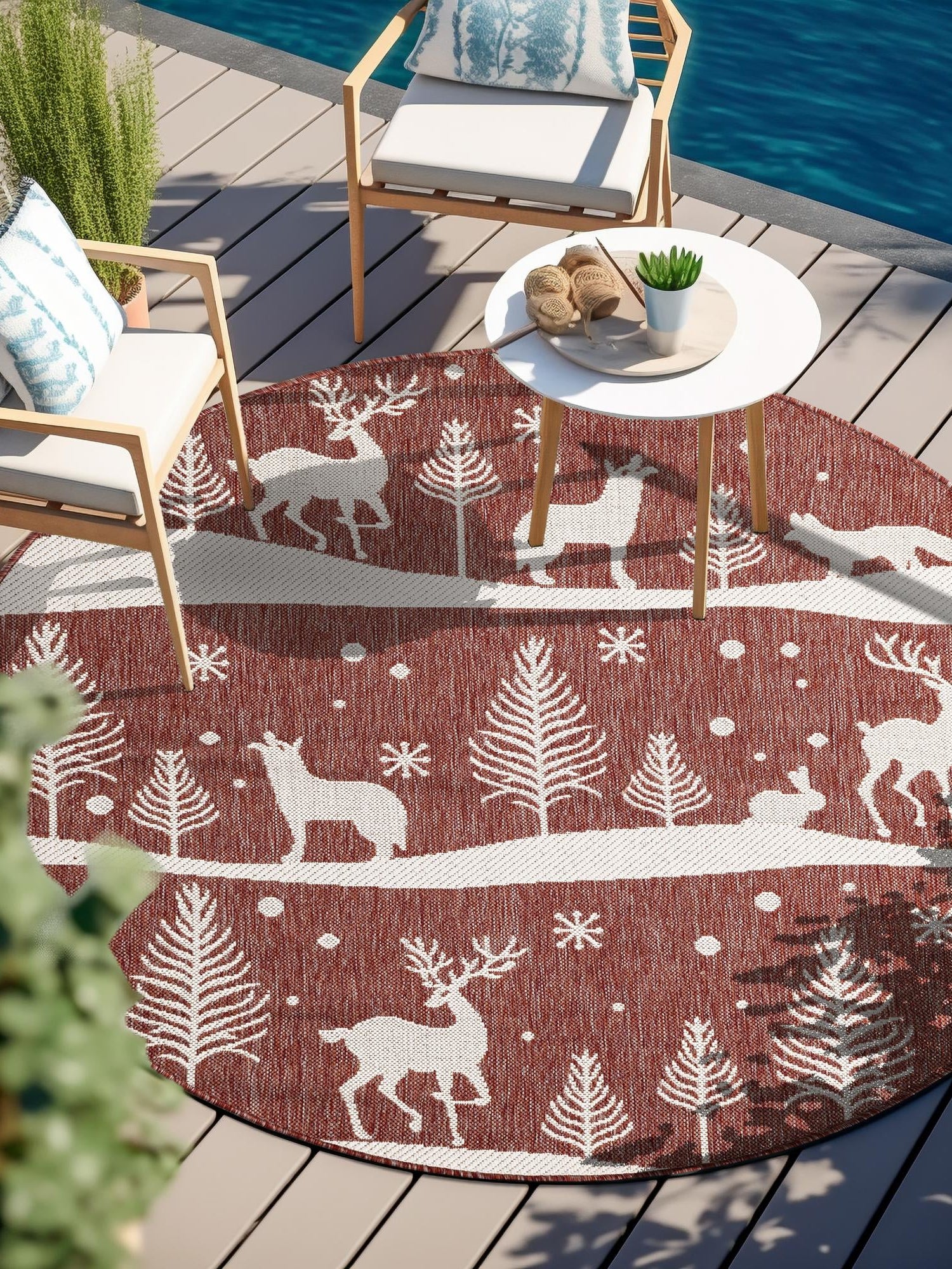 Seasonal Festive Red 7' 10 x 7' 10 Outdoor Holiday Round Area Rug Weather Resistant for Patio, Deck, Terrace, Balcony, Porch Winter Decor Carpet for Sale at Rug Engine