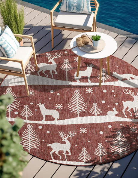 Seasonal Festive Red 7' 10 x 7' 10 Outdoor Holiday Round Area Rug Weather Resistant for Patio, Deck, Terrace, Balcony, Porch Winter Decor Carpet for Sale at Rug Engine