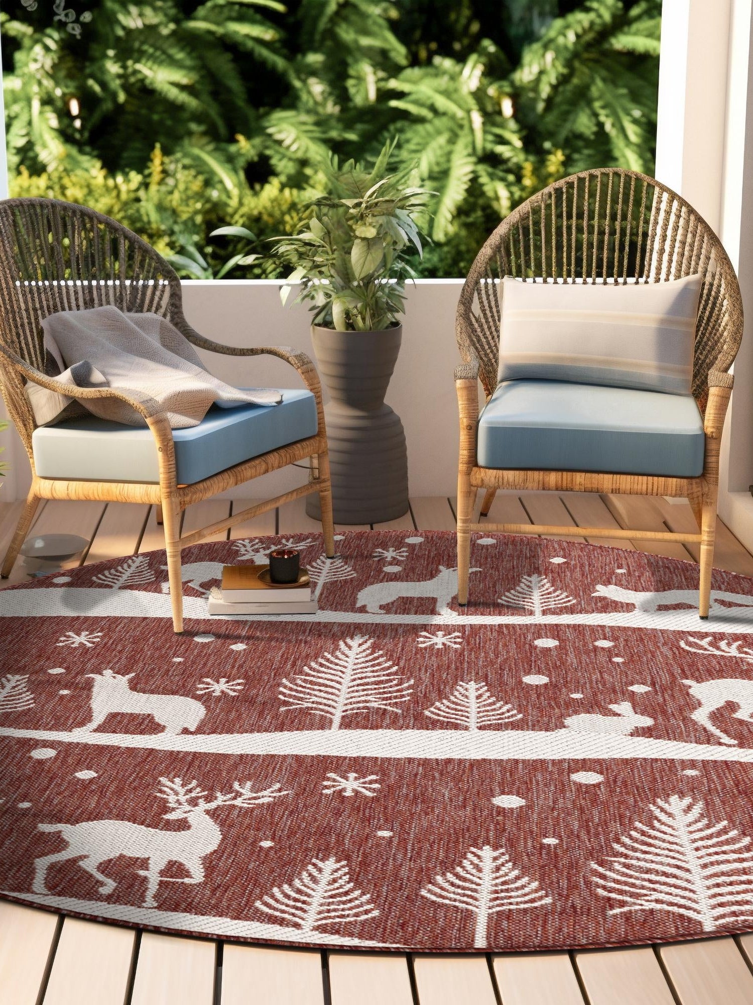 Seasonal Festive Red 5' 3 x 5' 3 Outdoor Holiday Round Area Rug Weather Resistant for Patio, Deck, Terrace, Balcony, Porch Winter Decor Carpet for Sale at Rug Engine