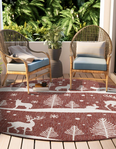 Seasonal Festive Red 5' 3 x 5' 3 Outdoor Holiday Round Area Rug Weather Resistant for Patio, Deck, Terrace, Balcony, Porch Winter Decor Carpet for Sale at Rug Engine