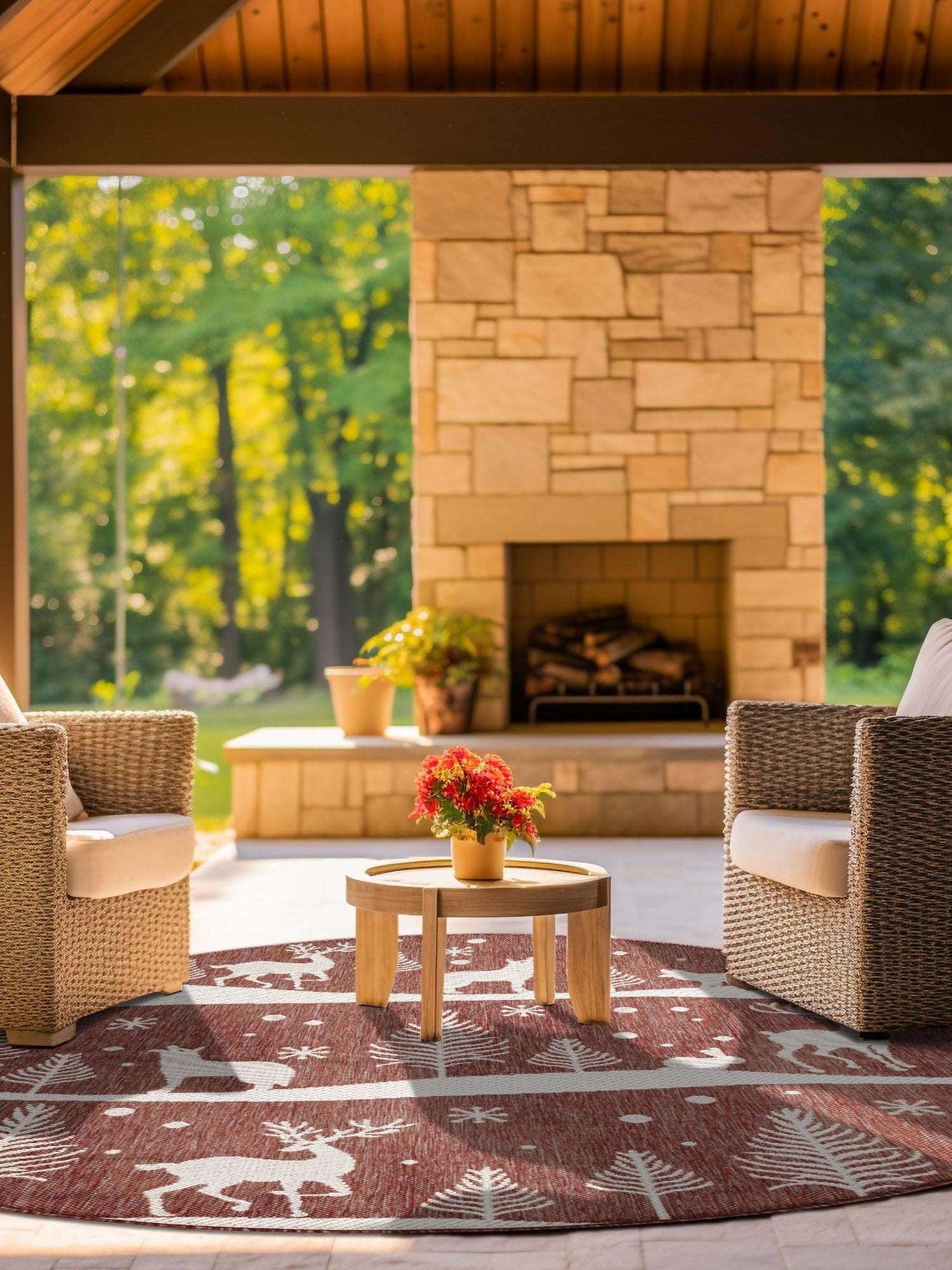 Seasonal Festive Red 5' 3 x 5' 3 Outdoor Holiday Round Area Rug Weather Resistant for Patio, Deck, Terrace, Balcony, Porch Winter Decor Carpet for Sale at Rug Engine