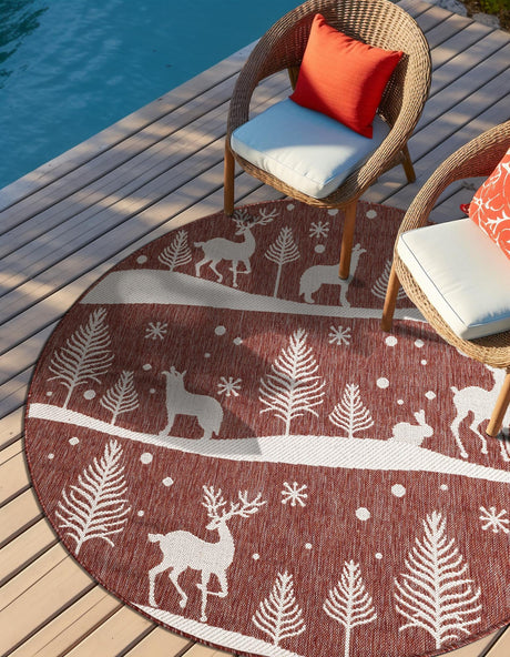 Seasonal Festive Red 5' 3 x 5' 3 Outdoor Holiday Round Area Rug Weather Resistant for Patio, Deck, Terrace, Balcony, Porch Winter Decor Carpet for Sale at Rug Engine