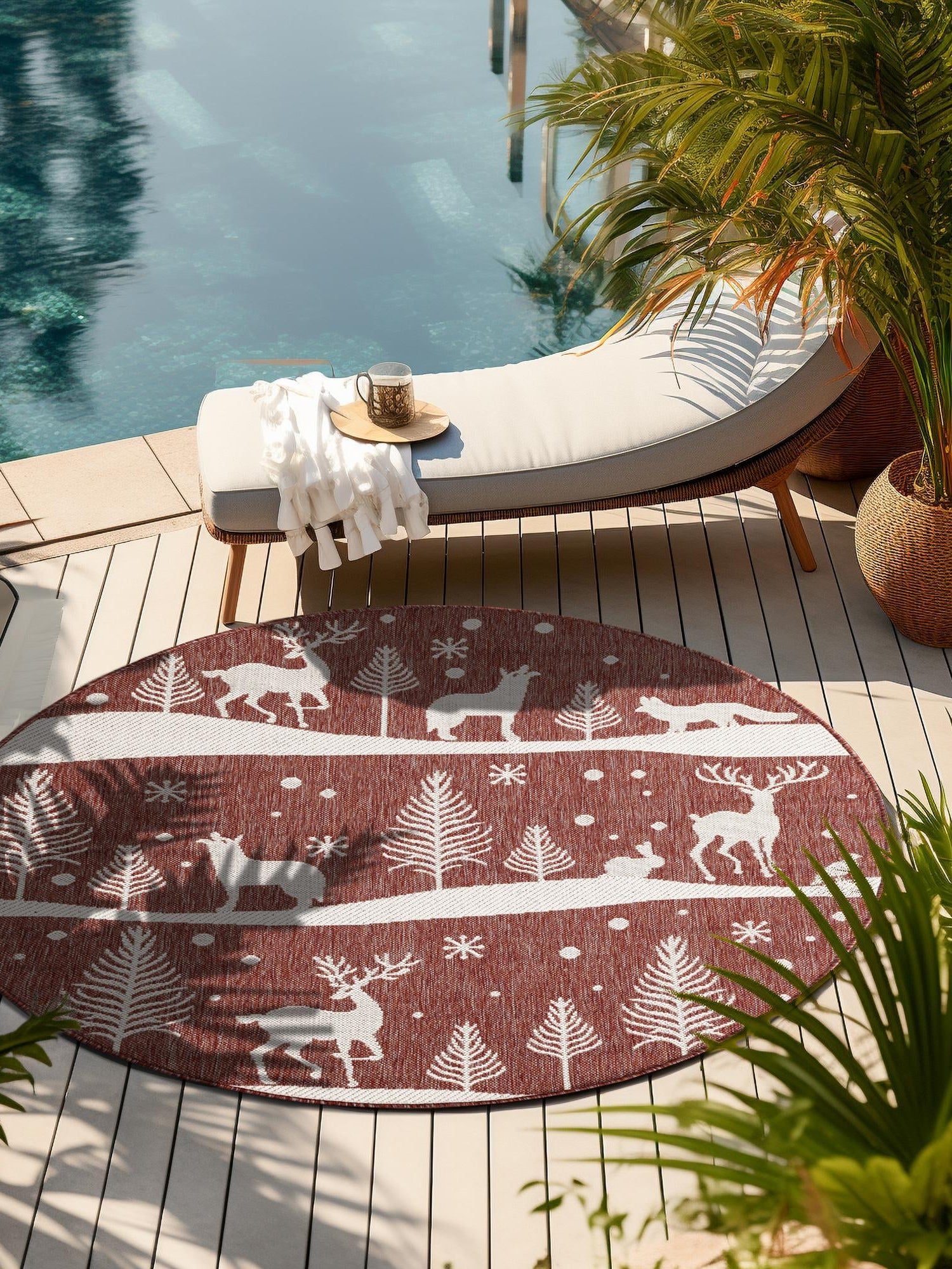 Seasonal Festive Red 7' 10 x 7' 10 Outdoor Holiday Round Area Rug Weather Resistant for Patio, Deck, Terrace, Balcony, Porch Winter Decor Carpet for Sale at Rug Engine