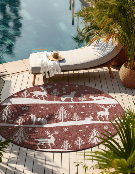 Seasonal Festive Red 7' 10 x 7' 10 Outdoor Holiday Round Area Rug Weather Resistant for Patio, Deck, Terrace, Balcony, Porch Winter Decor Carpet for Sale at Rug Engine